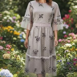 Polagram Dress. Midi Length Swiss dot and floral Blush lavendar Size med